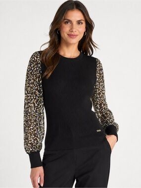 DKNY Black Rib Knit Sweater with Printed Floral Sheer Balloon Sleeves